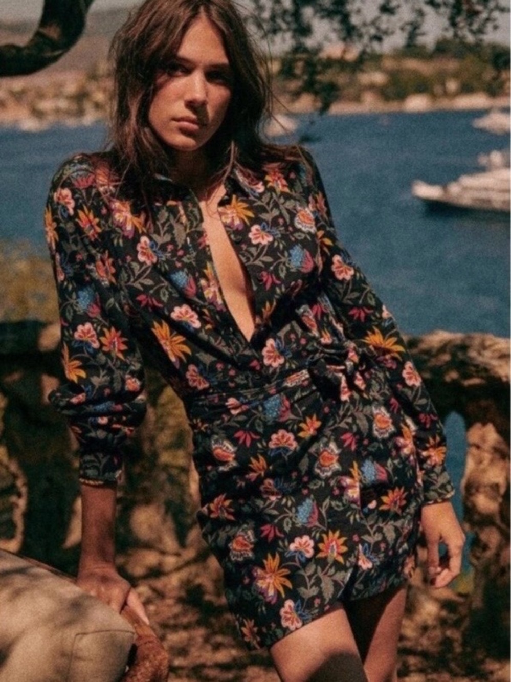 Sezane Jamy Multicolor Floral Long Sleeve Dress in Botanic Black